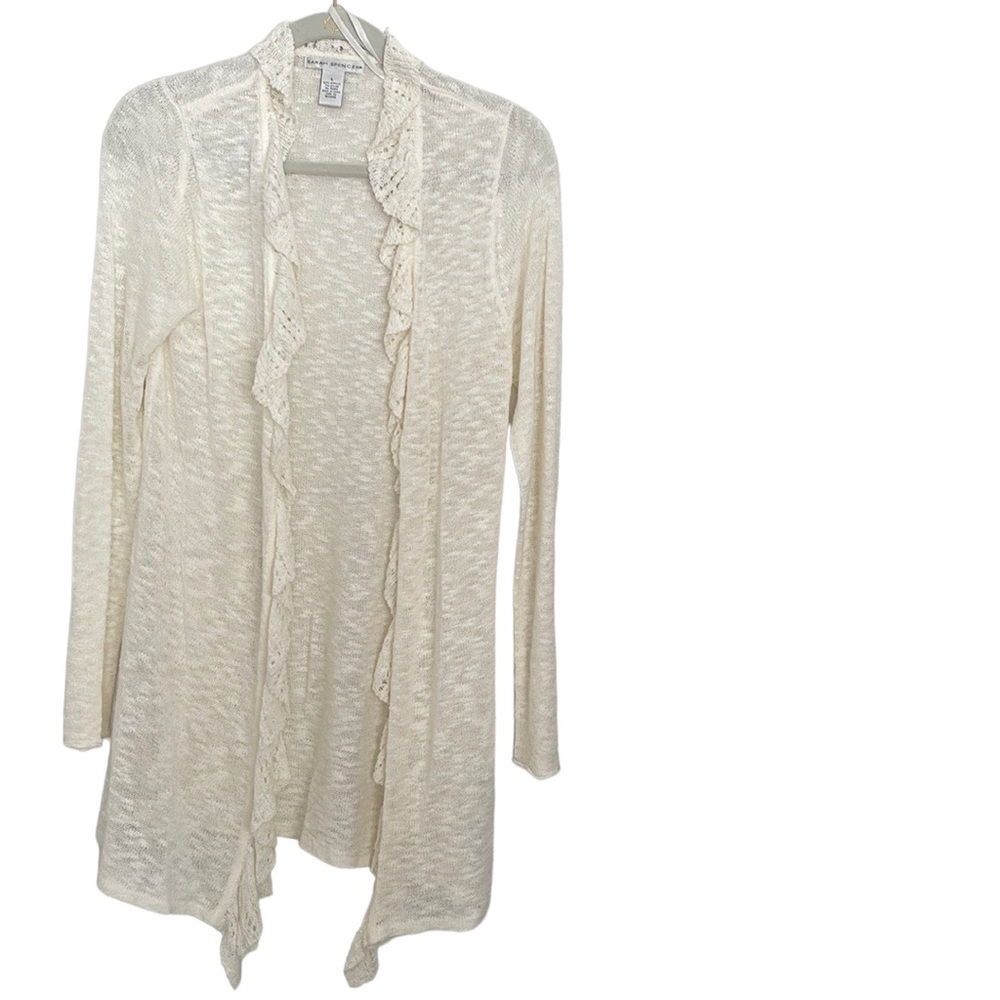 NWOT Vintage Sarah Spencer White Textured Ruffle Front Open Knit Long Cardigan